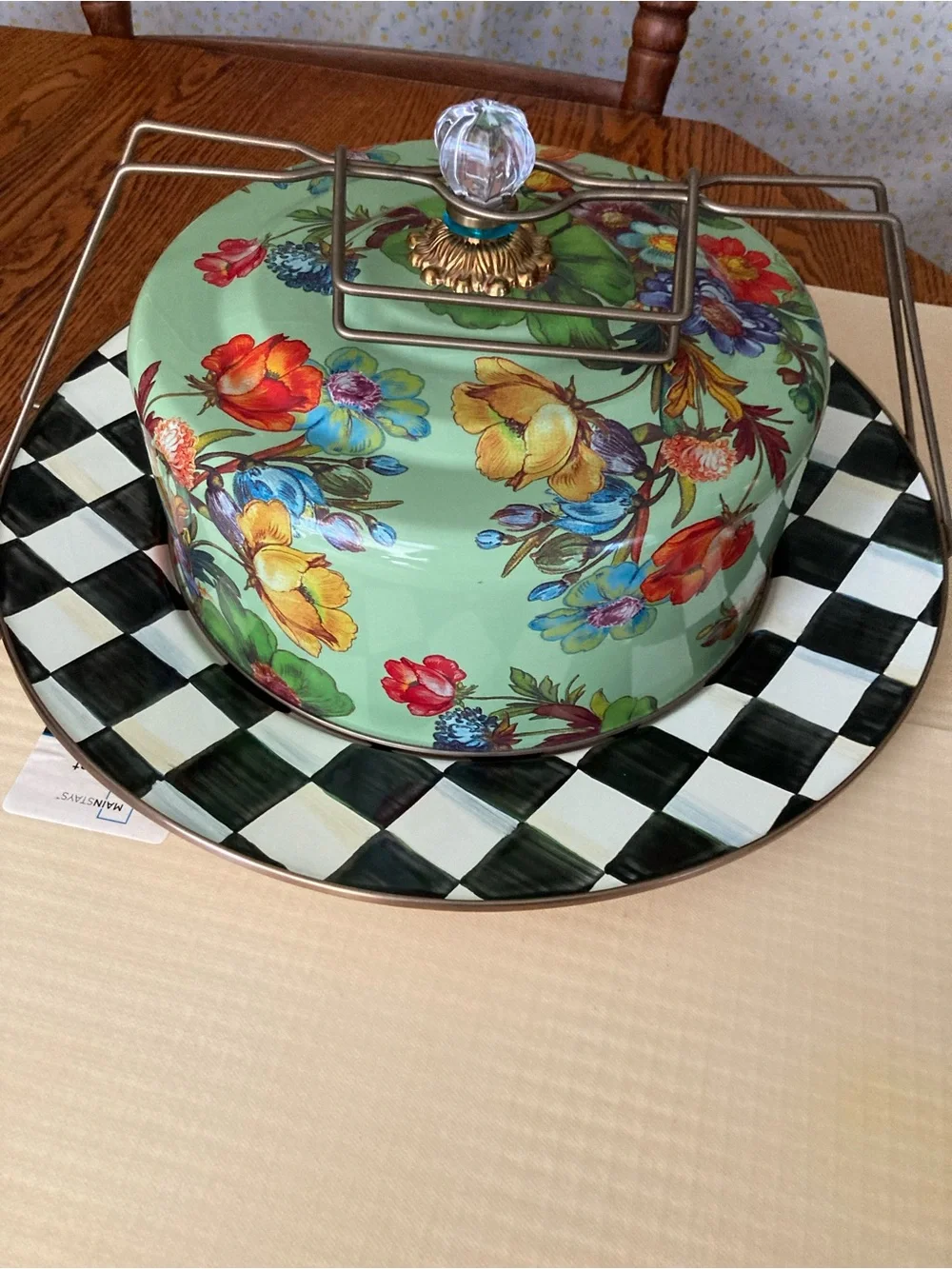 MacKenzie-Childs Floral Mint Cake Dome with Checker Plate
